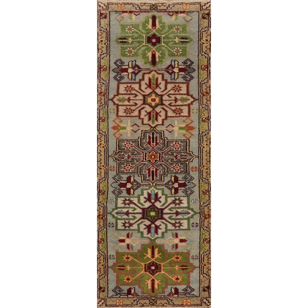 Hand-knotted Traditional Wool Grey Geometric Area Rug Oriental Carpet - 8' 0'' X 2' 6''