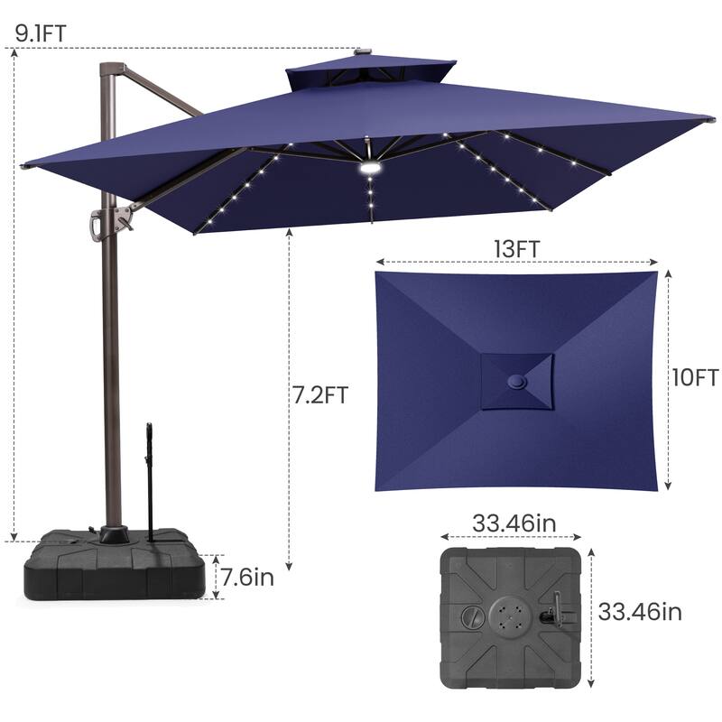 13 x 10 FT Double Top Solar powered LED Patio Cantilever Umbrella Aluminum with Base