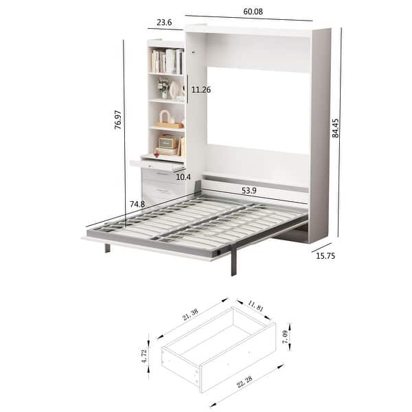 Full Size Vertical Murphy Bed with Shelf and Drawers and Gas Struts ...