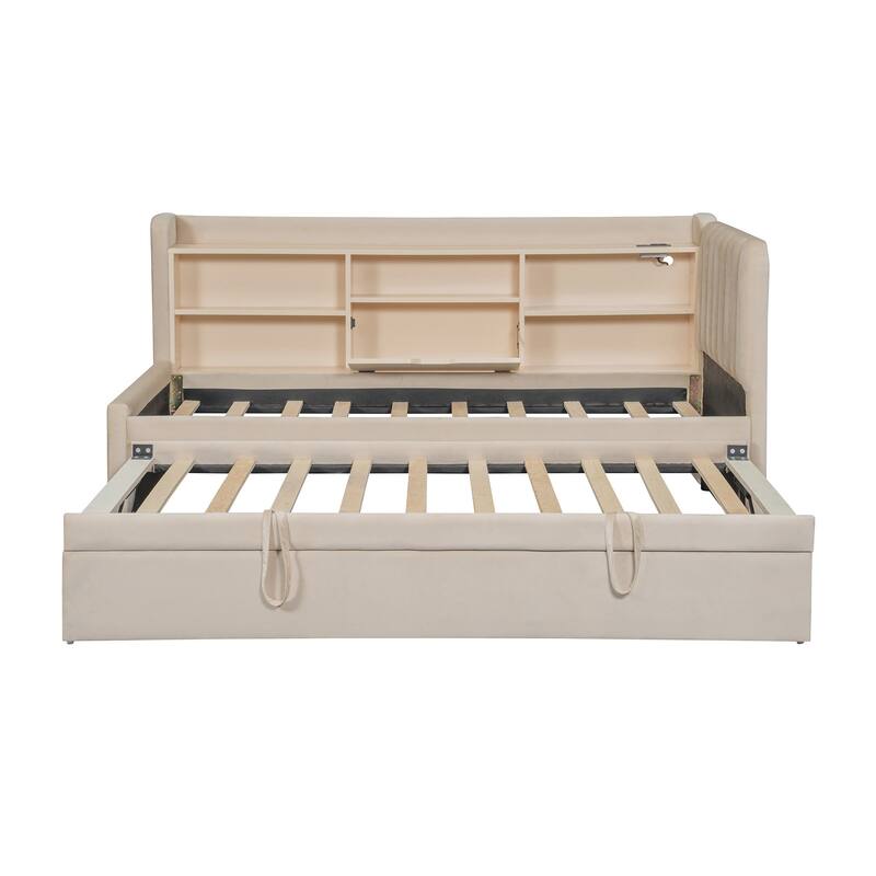 Highly Functional Upholstered Daybed with Trundle,Ample Storage Shelves,and Integrated Charging Station