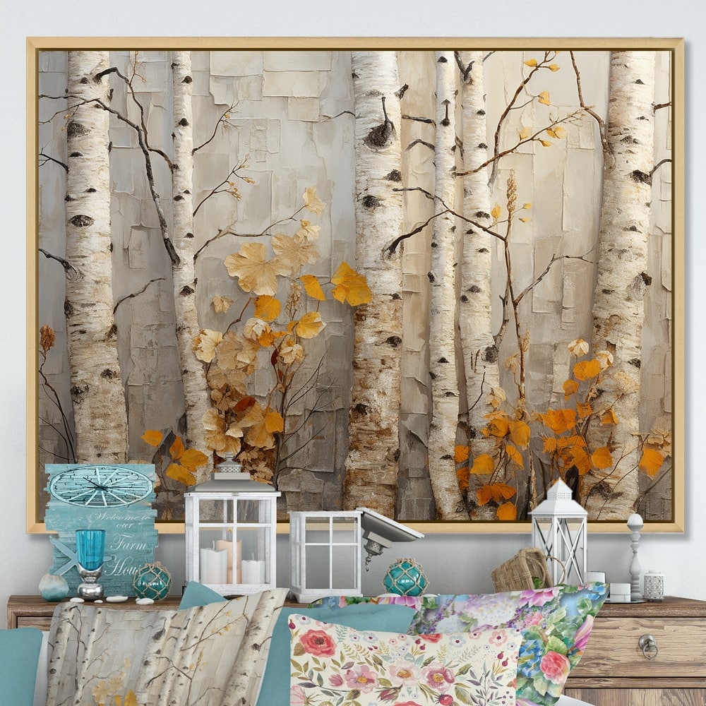 Designart "Autumn Birch Tree Elegance" Tree Orange Wall Decor - Country Living Room Framed Canvas Art