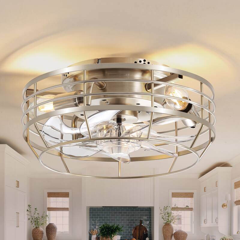 12" Low Profile Enclosed Cage Ceiling Fan with Light and Remote - Stain Nickel