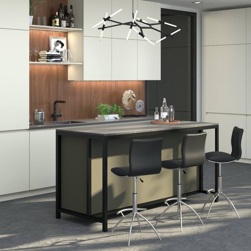 Set of 2 Contemporary Bar Stools with Faux Leather Saddle Seats and Adjustable Metal Base - 39”H x 17”W x 15”D