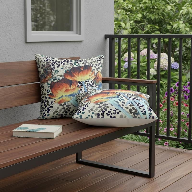 HomeRoots Set of Two 16" X 16" Blue and Orange Butterfly Blown Seam Floral Indoor Outdoor Throw Pillow - Blue/Orange - 16.00' X '16.00' X '5.00