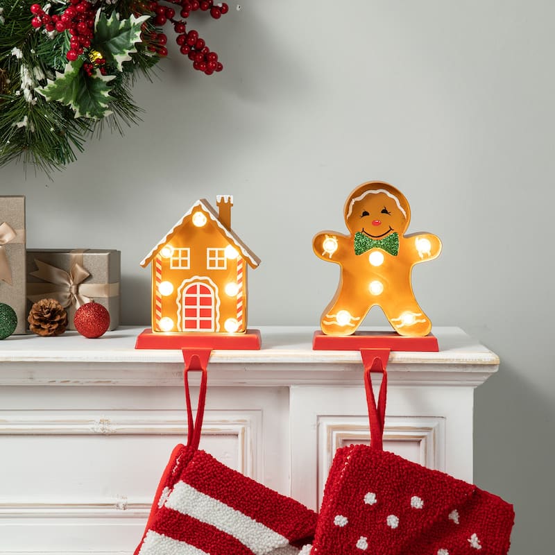 Glitzhome Christmas Marquee LED Star Snowman Tree Gingerbread Stocking Holders Mantel Ornament