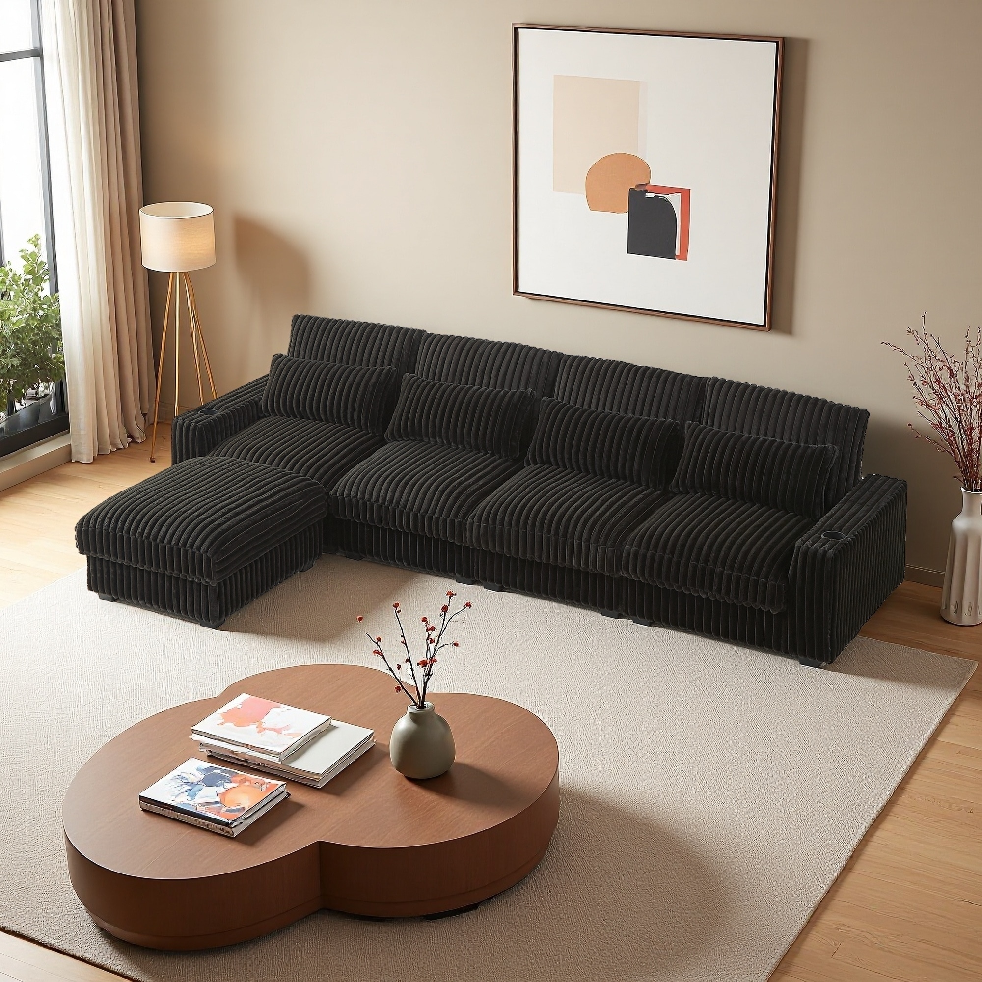 126" Corduroy L-Shaped Sectional Sofa with Cup Holders, USB Ports & 8 Pillows