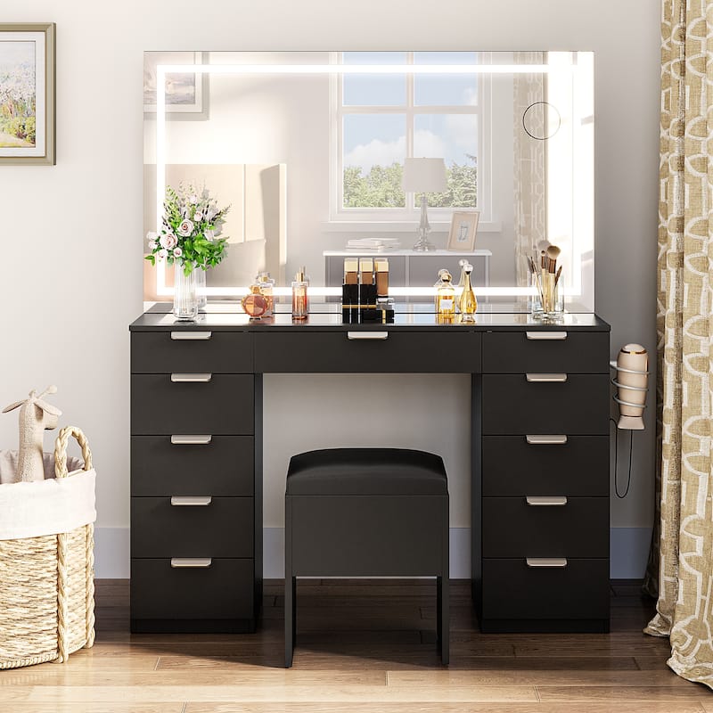 Moasis 55.8'' Black Makeup Vanity Table 11 Drawers Vanity Desk Set