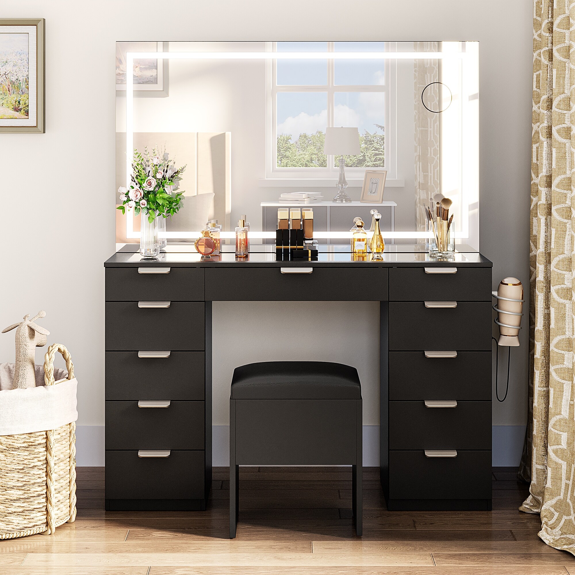 Moasis 55.8 Black Makeup Vanity Table 11 Drawers Vanity Desk Set On Sale Bed Bath Beyond 40186539