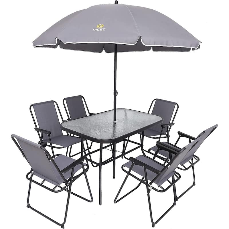 8-Piece Patio Dining Set, Garden Outdoor Table Set with Tilted Removable Umbrella, Glass Table, and 6 Folding Chairs - Silver