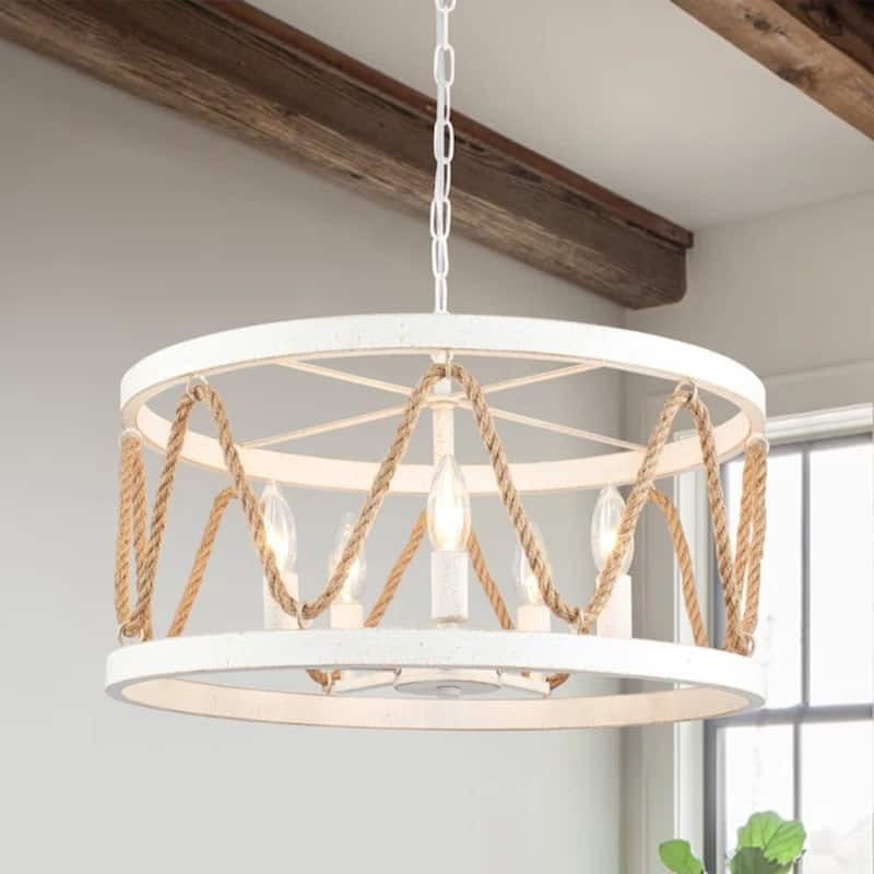 Modern 5-Light Hand-Woven Hemp Rope Drum Chandelier for Dining Room, Classic Semi Flush Mount Chandelier - W19.68"x H9.44"