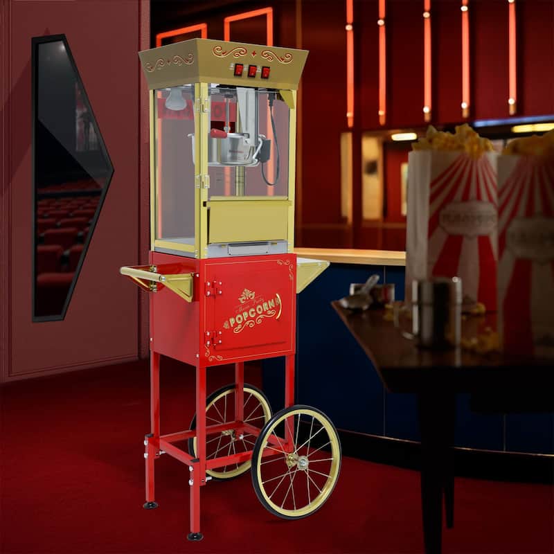 12oz Popcorn Machine Cart, Popcorn Cart with Wheels, Vintage Popcorn Machine with Stainless Steel Kettle