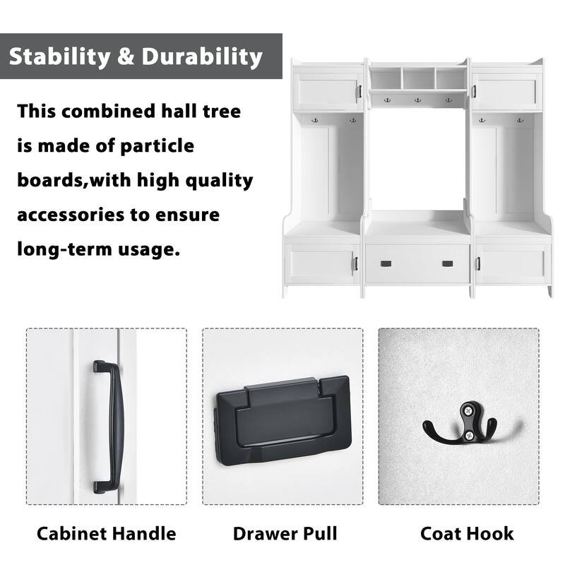 Modern Style 4-in-1 Multiple Functions Hall Tree with Ample Storage Drawer and 7 Metal Hooks - White