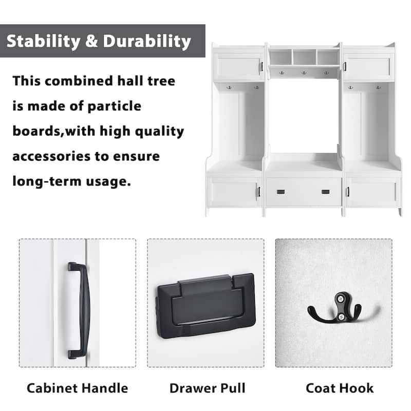 Roomfitters Modern Mudroom Hall Tree with Bench, 4-in-1 Coat Rack with 7 Black Hooks and Large Storage Compartment, White