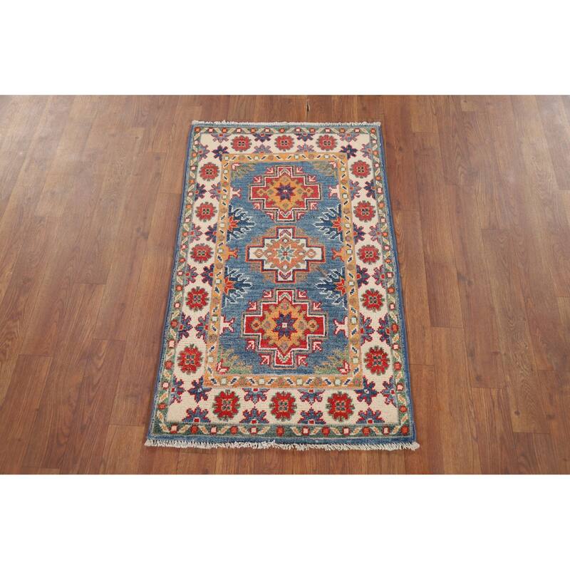 Hand Knotted Oriental 100% Wool Carpet Traditional Geometric Navy Blue & Blues Kazak Area Rug - 3' 1'' X 1' 11''