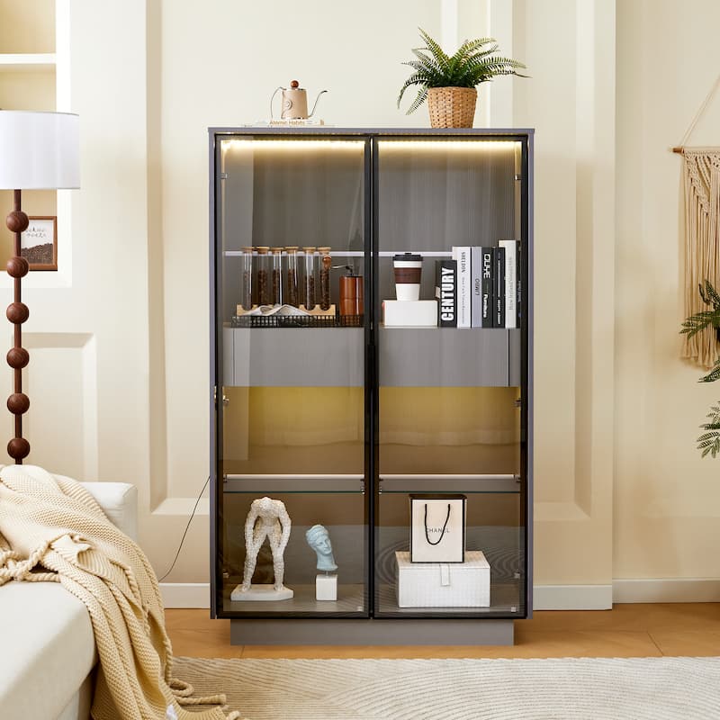 60.6"Tall Display Cabinet with Tempered Glass Door, LED Lighting, Two Drawers