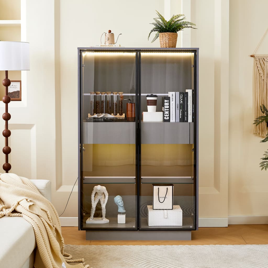 60.6"Tall Display Cabinet with Tempered Glass Door, LED Lighting, Two Drawers