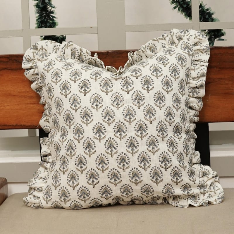 Fabdivine Heavy Linen Floral Ruffled Both Side Cushion Cover Home Décor Accent