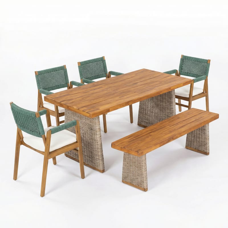Christopher Knight Home - Capri 6-Piece Outdoor Dining Set in Acacia Wood with Beige Cushions and Green Rope Wicker Chairs