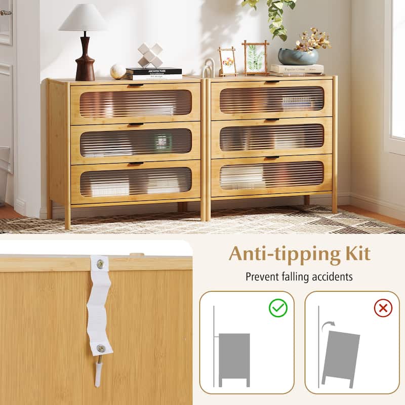 Contemporary Wicker and Glass Storage Cabinet 3 Drawers for Bedroom Entryway or Living Room - 31.5" x 16" x 31"