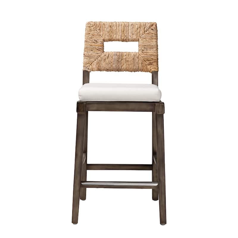 Porsha Modern Bohemian Dark Brown Finished Mahogany Wood and Natural Rattan Counter Stool