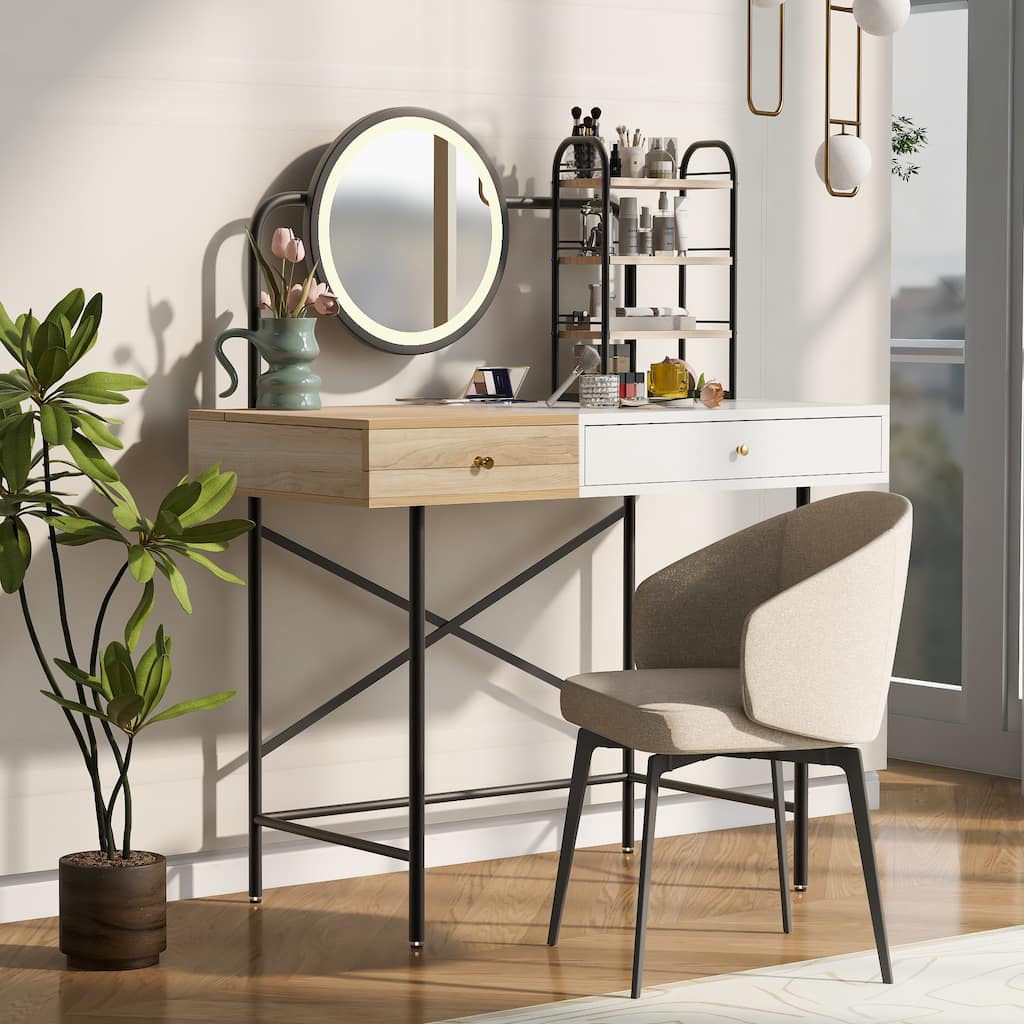 Vanity Desk with Charging Station, Makeup Table with 3-Mode Lighted Mirror, Dressing Table Set with Drawer and 3 Open Shelves
