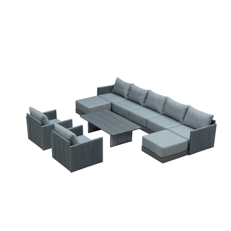 PURPLE LEAF Santorini 4-10 Piece Grey Patio Sectional Sofa Set with Ottoman Cushions Poolside Garden Outdoor Conversation Sets - 9Piece+1Table