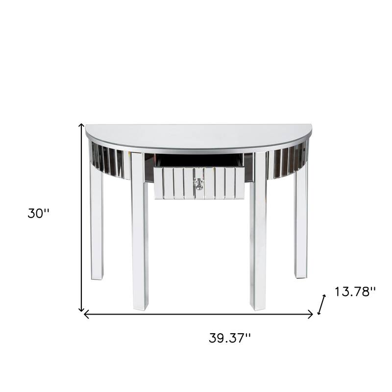 HomeRoots 39" Silver Mirrored Glass Half Moon Console Table With Drawer - 39.37' X '30' X '13.78