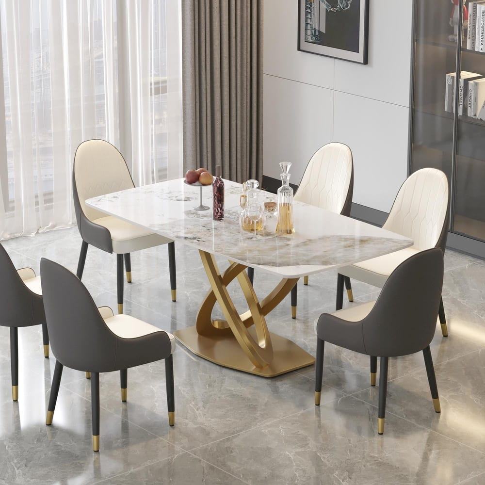 71'' Modern Dining Table with Rectangular Sintered Stone Tabletop and Gold Base