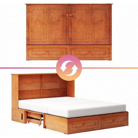 Murphy Bed Chest with Foam Mattress, Queen Size Cabinet Bed with Charging Station and Large Drawer