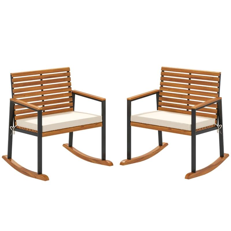 Cream White Acacia Wood Steel Rocking Chairs with Cushions Set of 2 - 26.8" W x 31.5" D x 32.7" H - Cream White