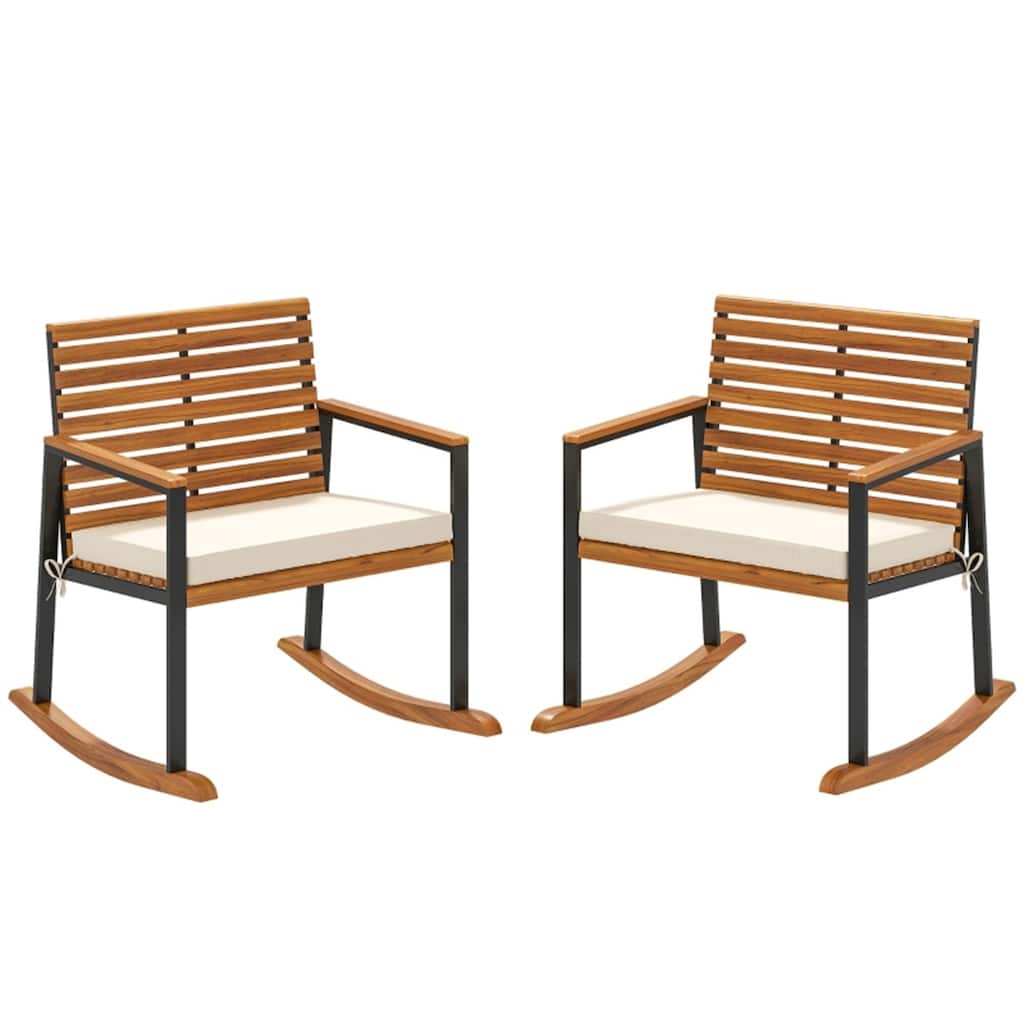 Cream White Acacia Wood Steel Rocking Chairs with Cushions Set of 2 - 26.8" W x 31.5" D x 32.7" H