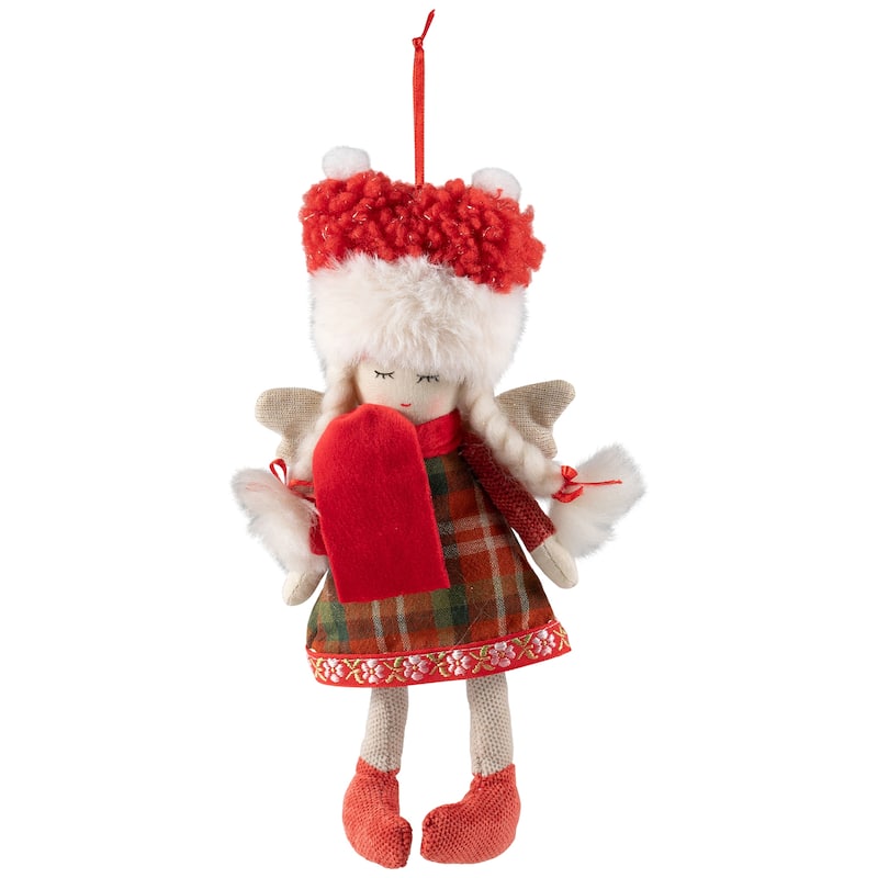 Plaid Angel Girl with Braided Pigtails Christmas Ornament - 8.5" - Red and Cream