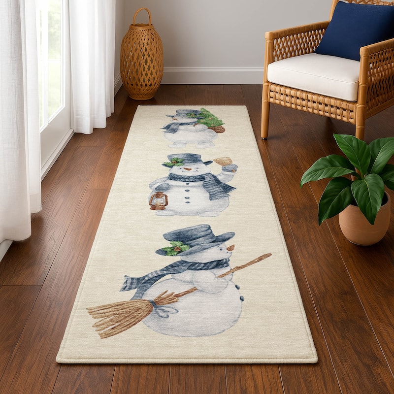 Premium Washable Super Soft Winter Holiday Snowman Mayfield Rug - Ivory - 2'3" x 7'6"