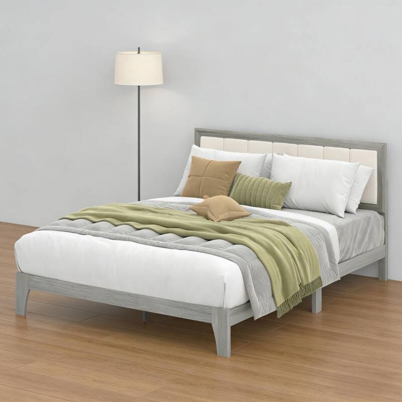 Rubber Wood Platform Bed Frame with Linen Fabric Upholstered Headboard/Adjustable Feet/No Box Spring Needed/Easy Assembly - Gray - Gray Beige - Queen