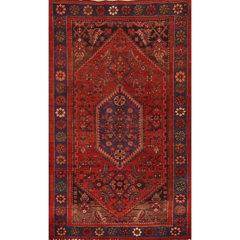 Red Hamedan Persian Vintage Rug Handmade Wool Carpet - 4'1" x 7'1"