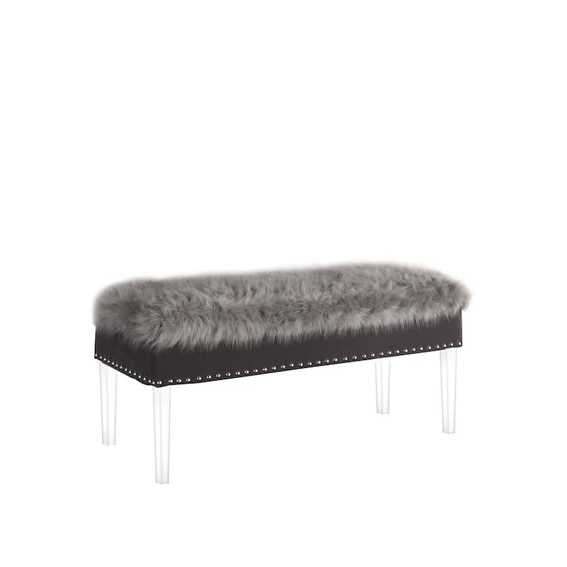 HomeRoots 42" Gray and Clear Upholstered Faux Fur Bench with Flip top