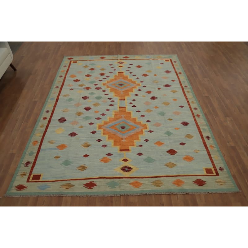 Hand Woven Oriental 100% Wool Carpet Southwestern Tribal Navy Blue & Blues Kilim Area Rug - 9' 9'' X 7' 8''