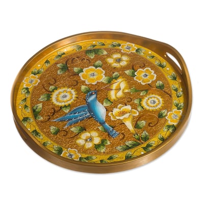 Novica Handmade Highland Hummingbird In Gold Reverse-Painted Glass Tray