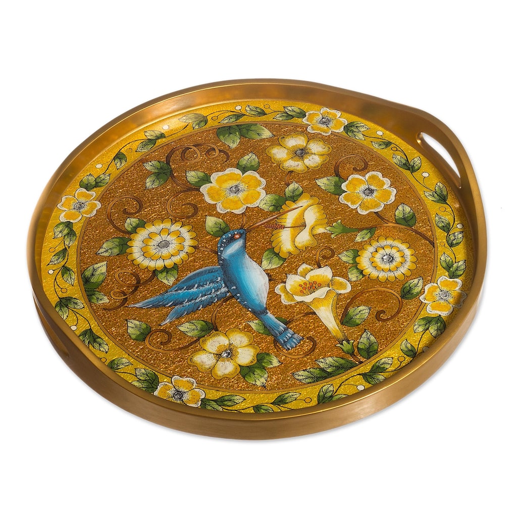 Novica Handmade Highland Hummingbird In Gold Reverse-Painted Glass Tray