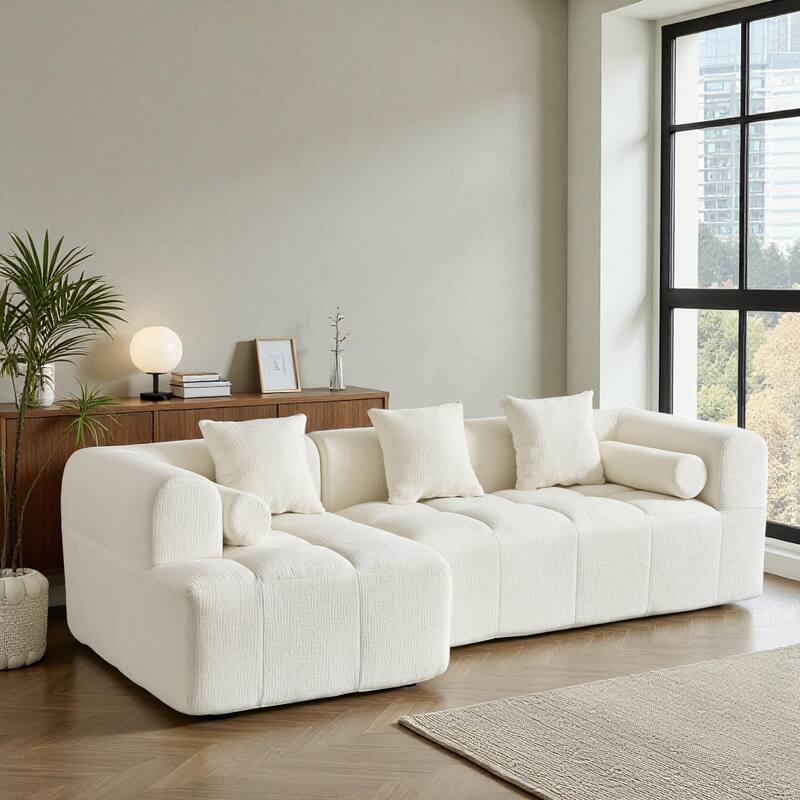 101.2" Modular Sectional Sofa Full-Foam Compressed Couch with Deep Seating Side Pockets Square & Bolster Pillows - Beige