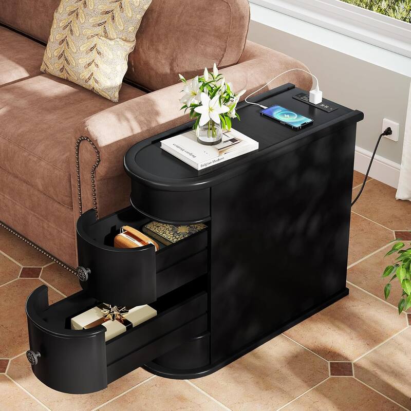 Solid Wood End Table, Two-Drawer Narrow Side Table, Fully Assembled