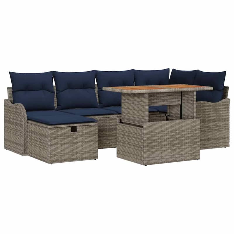 vidaXL 7 Garden Sofa Set with Cushions Black/Grey Poly Rattan - 91.5 x 48.2 x 27.2