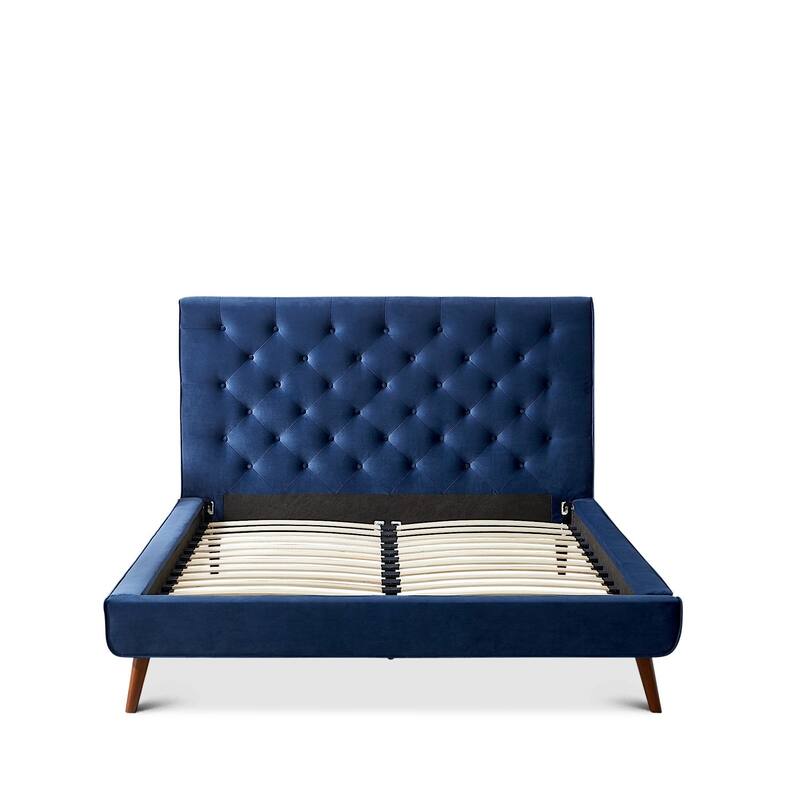 Queen Size Velvet Mid-Century Platform Bed with Tufted Headboard and Solid Wood Frame