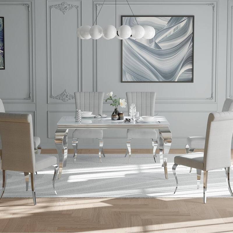 Luxurious Grey Upholstered Dining Chairs with Mirrored Silver Cabriole Legs