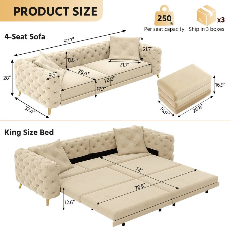 97.7" 3-in-1 Convertible Sleeper Sofa, Pull Out Sofa Bed with Ottoman, 4-Seater for Small Spaces & Apartments
