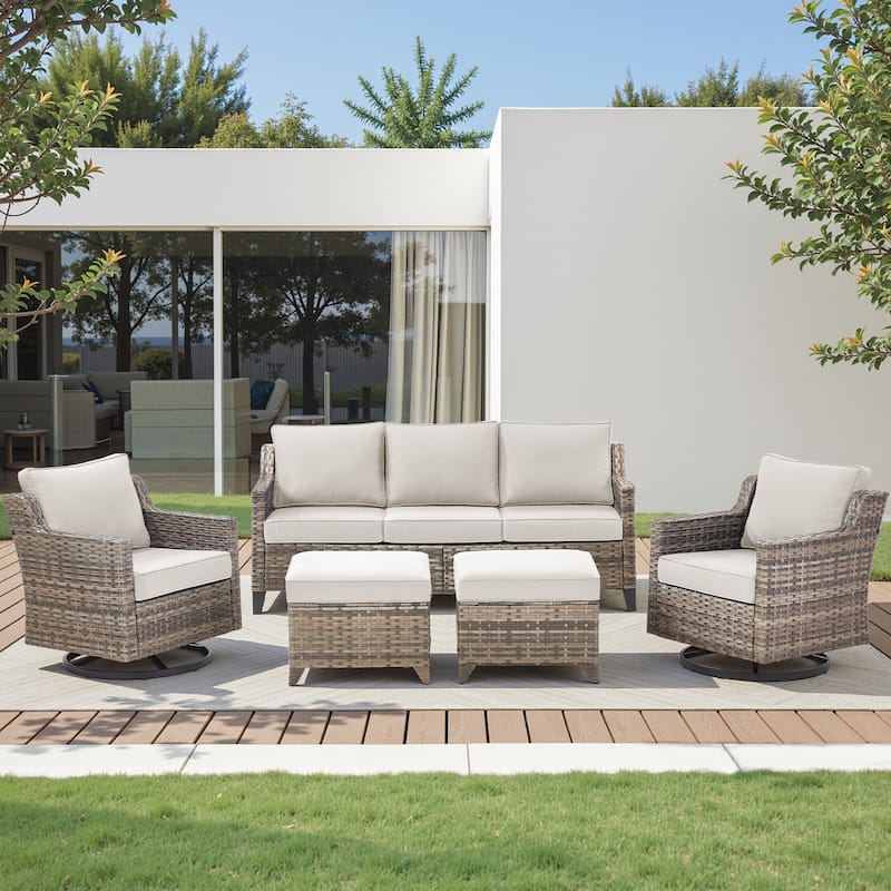 Pocassy Outdoor All-Weather Outdoor Sofa, Swivel Chair, Ottoman Sets - Grey Wicker Beige Cushion - 5 Pieces Sofa Swivel Chair with Ottoman