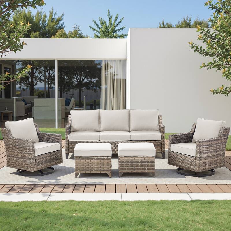 Pocassy Wicker Patio Sofa Glider Swivel Chair Ottoman Furniture Set. - Beige Cushion Gray Wicker - 5-Piece Sofa Swivel Chair w/ Ottoman Set