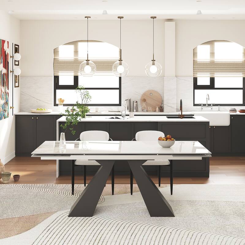 110.24 Inch Modern Minimalist 9 - Piece Extendable Sintered Stone Top Double Pedestal Dining Set