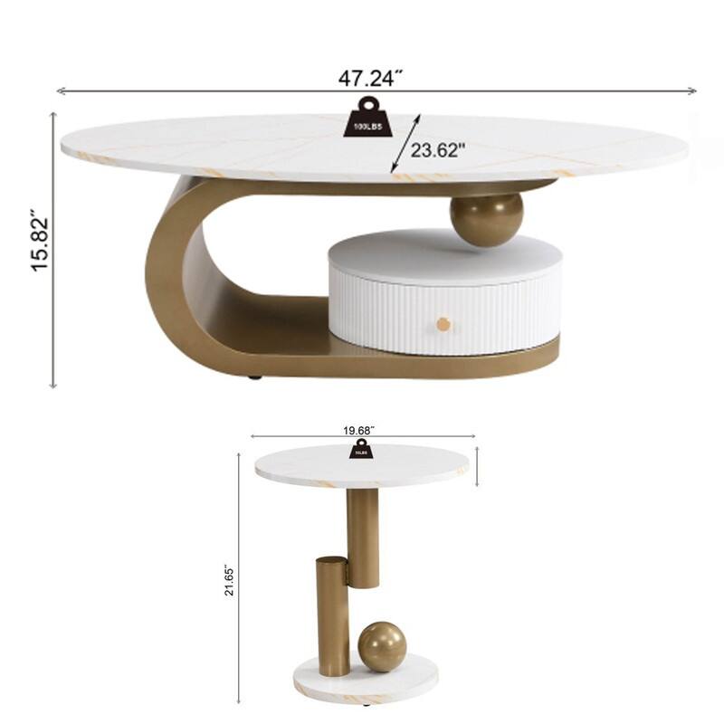 Nesting Coffee Table Set of 2, Round & Oval End Tables with faux marble Tabletop, Side Table
