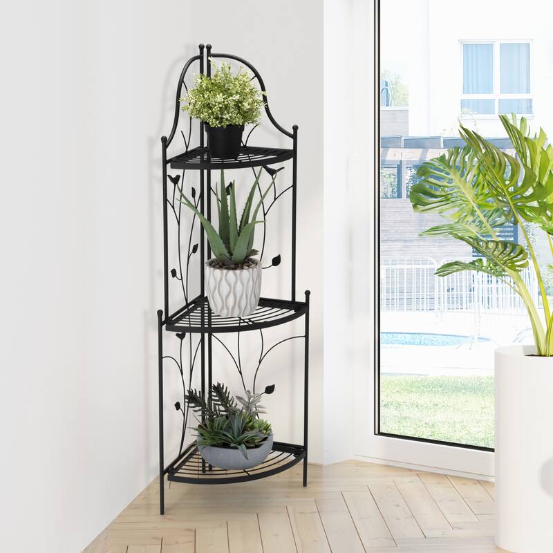 Glitzhome 4-Tiers Multifunctional Metal Corner Plant Shelf Bakers Rack Folding Planter Stands Flower Pot Shelving